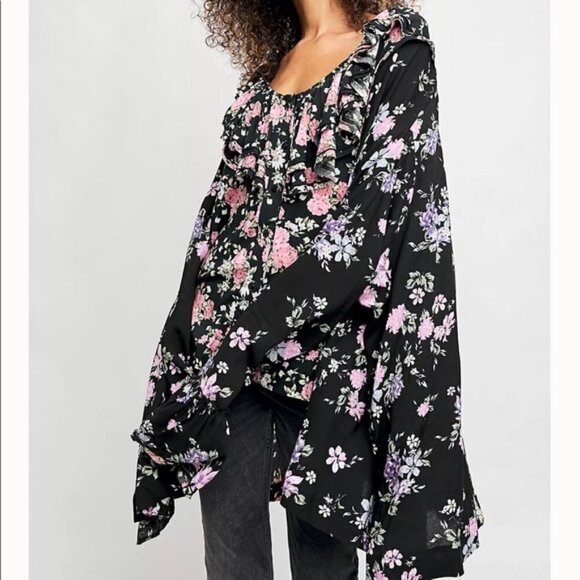 Free People Loretta Floral Ruffle Boho Tunic Top Black Pink Size Small - Picture 3 of 15